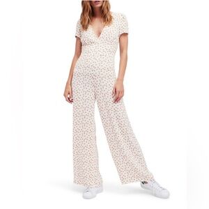Free People Ivory Mia Floral Print Wide Leg Jumpsuit